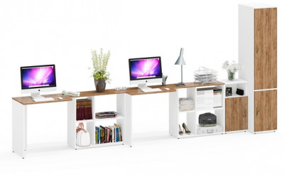 Лидер-8 Стол + Стол + Пенал МД 23Б + Тумба МД 3.19, белый шагрень/крафт золото