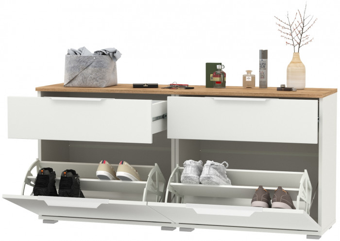 Октава 16.127 Тумба для обуви + 16.127 Тумба для обуви, белый шагрень/дуб крафт золотой/фасады МДФ белый шагрень