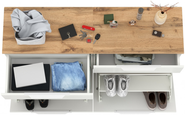 Октава 16.127 Тумба для обуви + 16.127 Тумба для обуви, белый шагрень/дуб крафт золотой/фасады МДФ белый шагрень