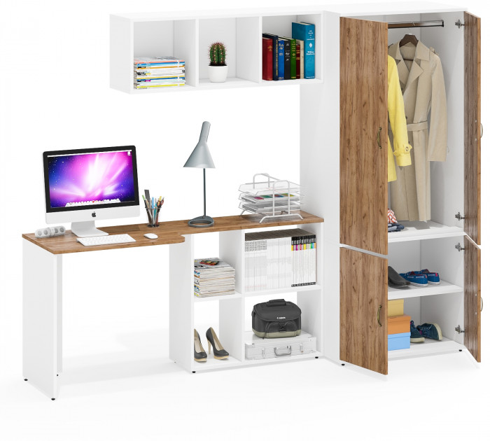 Лидер-8 Стол + Полка + Шкаф МД 19Б, белый шагрень/крафт золото