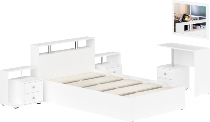 Камелия спальня № 6 Кровать 1200 + Две тумбы + Стол косметический + Зеркало, цвет белый, сп.м. 1200х2000 мм., б/м, основание есть