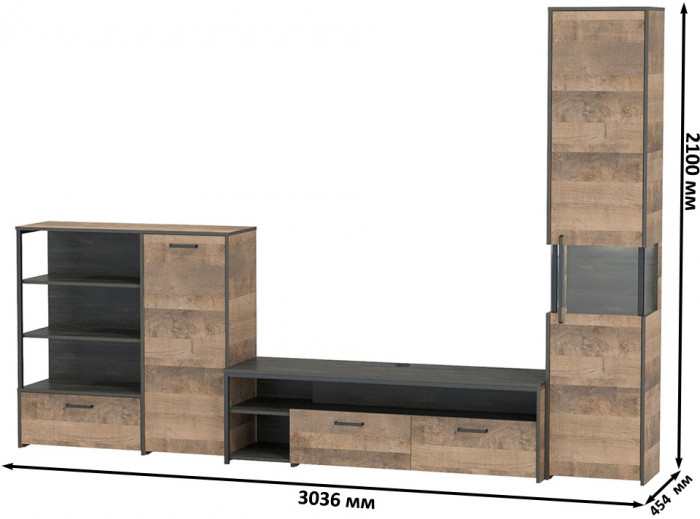 Трувор Гостиная 022, цвет дуб гранж песочный/интра, ШхГхВ 303,6х45,4х210 см., универсальная сборка