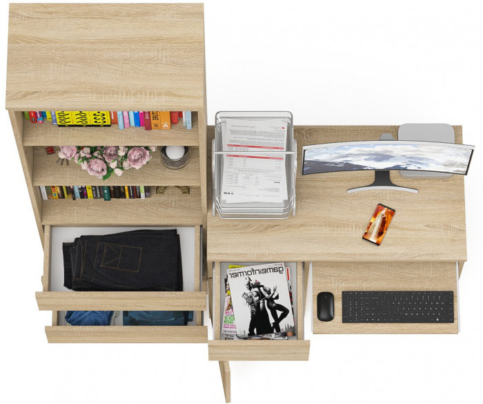 Мори Стол компьютерный МС-1 левый + Стеллаж МСТ600.3, цвет дуб сонома, ШхГхВ 150,4х50х179,6 см., выдвижной ящик слева, НЕ универсальная сборка