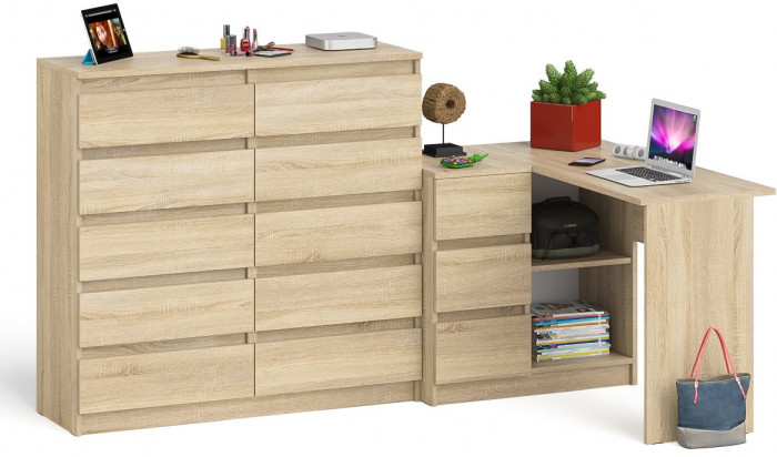 Мори Стол компьютерный МС-16 левый + Комод МК1200.10, цвет дуб сонома, ШхГхВ 244,8х84,9х115 см., выдвижные ящики слева, НЕ универсальная сборка
