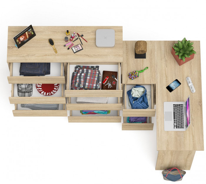 Мори Стол компьютерный МС-16 левый + Комод МК1200.10, цвет дуб сонома, ШхГхВ 244,8х84,9х115 см., выдвижные ящики слева, НЕ универсальная сборка