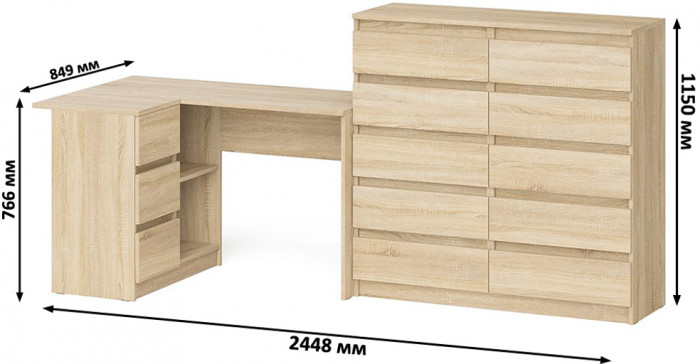 Мори Стол компьютерный МС-16 левый + Комод МК1200.10, цвет дуб сонома, ШхГхВ 244,8х84,9х115 см., выдвижные ящики слева, НЕ универсальная сборка