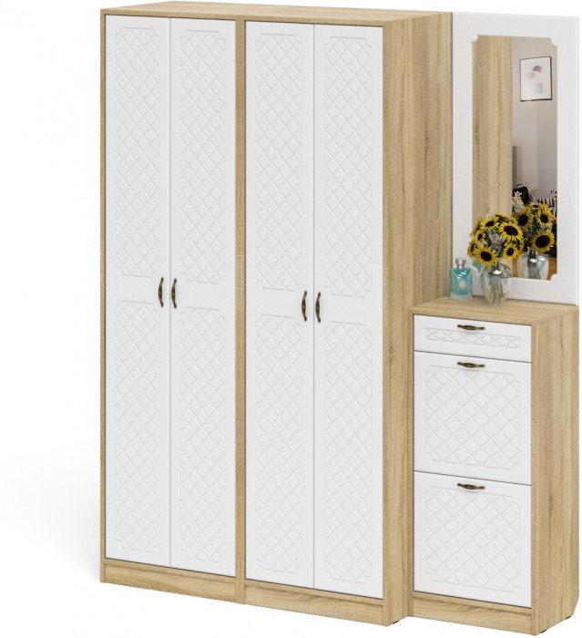 Прихожая П-6 Компоновка № 14, цвет дуб сонома/фасады МДФ белое дерево фрезеровка ромб, ШхГхВ 170х50х210 см., универсальная сборка