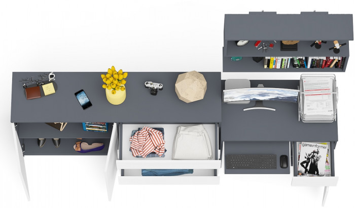 Мори компьютерный стол МС-1 правый + Комод МК1600.1 + Полка 900, графит/белый