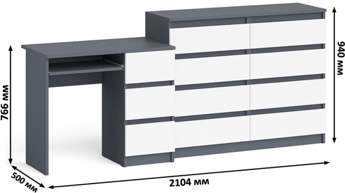 Мори компьютерный стол МС-6 правый + Комод МК1200.8, графит/белый