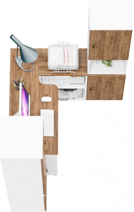 Лидер-8 Пенал МД 22Б + Стол + Пенал, цвет белый шагрень/крафт золото, ШхГхВ 245х50/37,5х75/190 или 155х120/50х75/190 см., НЕ универсальная сборка