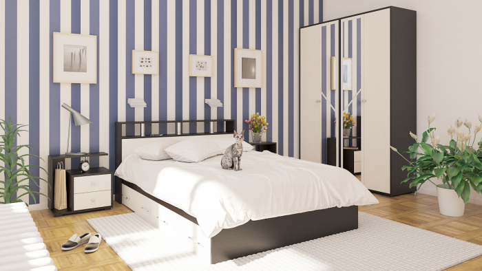 Камелия спальня № 8 Кровать с ящиками 1400 + Две тумбы + Шкаф 4-х створчатый, венге/дуб лоредо