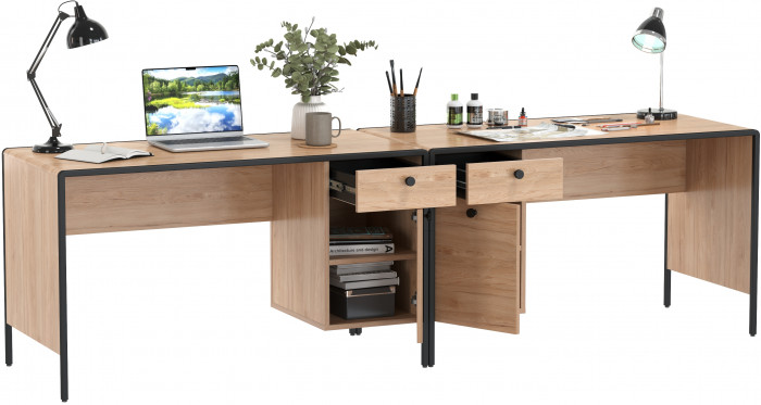 Брюс Стол письменный 12.157 + Стол письменный 12.157, цвет чёрный/Battle rock Santiago/столешница МДФ ель карпатская, ШхГхВ 260х62,6х75 см., ун. сб.