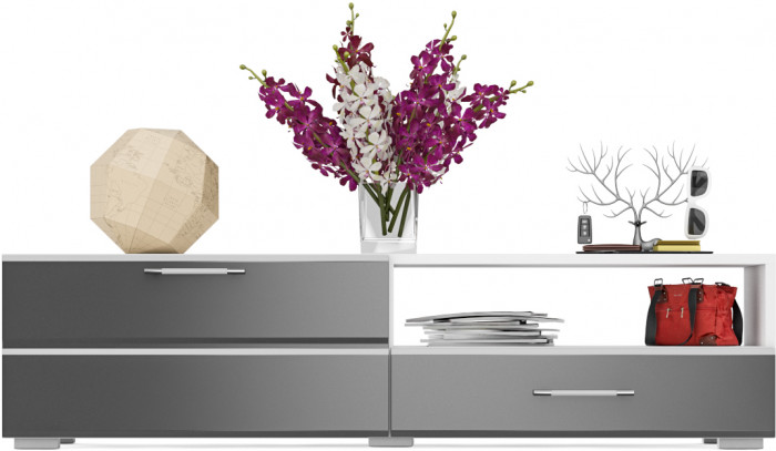 Тумба под ТВ Ларго 1,4, цвет корпус белый/фасады МДФ графитово-серый глянец, ШхГхВ 140х46х35 см., НЕ универсальная сборка