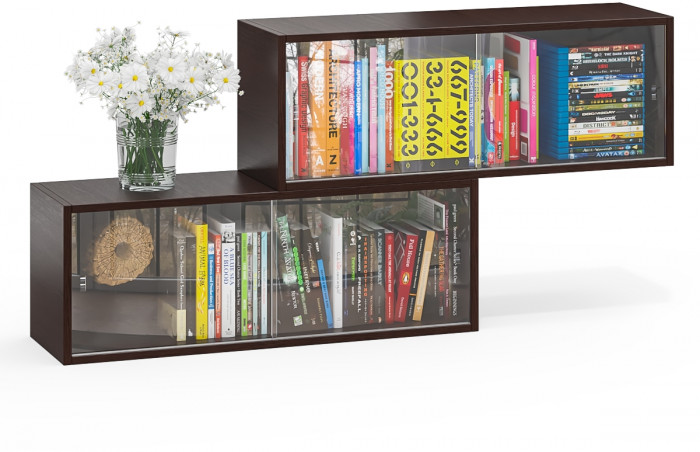 Две полки книжных С-МД-КН01, цвет венге, ШхГхВ размер каждой полки в отдельности: 83х25х30 см., стеклянные дверцы
