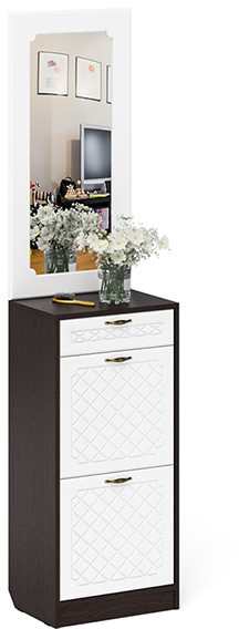 Прихожая П-6 Тумба для обуви 2 секции + Зеркало, венге/фасады МДФ белое дерево фрезеровка ромб