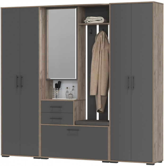 Прихожая Домино 4, цвет дуб крафт табачный/графит, ШхГхВ 220х36х202 см., универсальная сборка