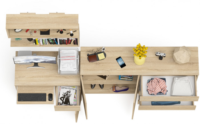 Мори компьютерный стол МС-1 правый + Комод МК1600.1 + Полка 900, дуб сонома