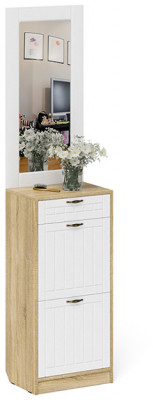 Прихожая П-6 Тумба для обуви 2 секции + Зеркало, дуб сонома/фасады МДФ белое дерево фрезеровка прованс