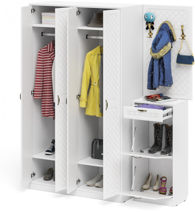 Прихожая П-6 Компоновка № 15, цвет белая шагрень/фасады МДФ белое дерево фрезеровка ромб, ШхГхВ 180х50х210 см., универсальная сборка