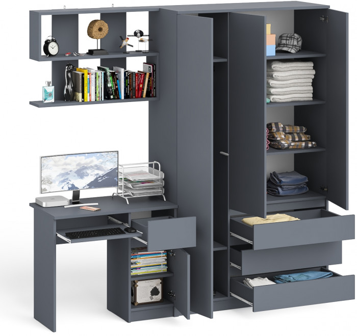 Мори Стол компьютерный МС-1 правый + Шкаф МШ1200.1 + Полка 900, цвет графит, ШхГхВ 210,4х50,4х209,6 см., НЕ универсальная сборка