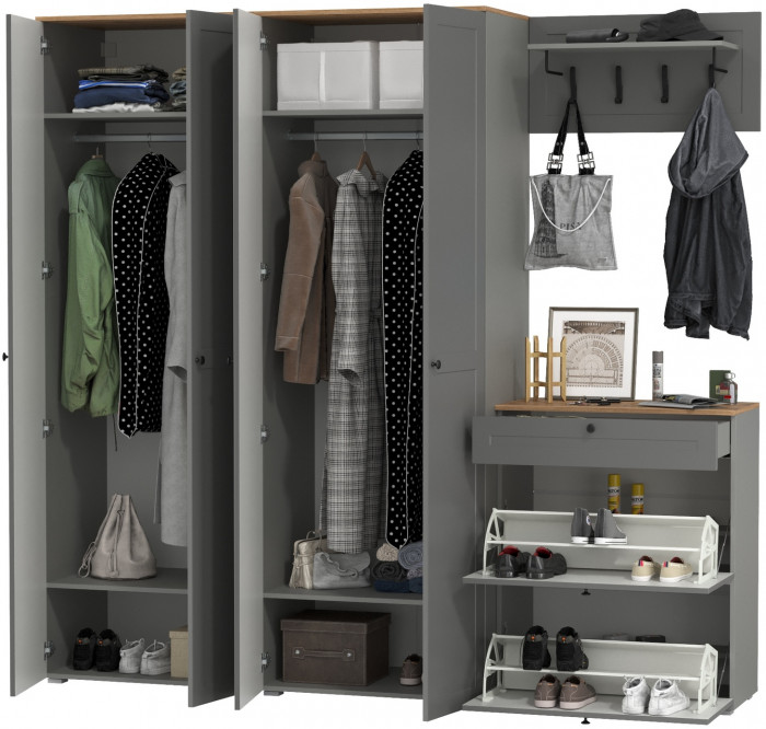 Остин Прихожая 29, цвет серый графит/дуб крафт золотой, ШхГхВ 240х54,3х229,6 см., универсальная сборка