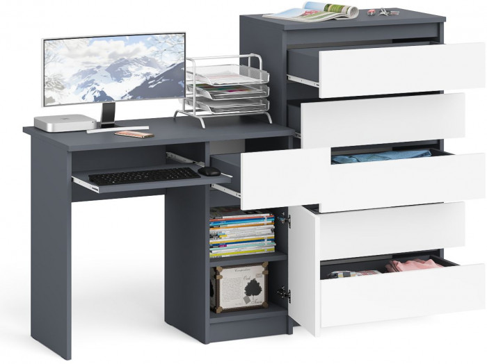 Мори компьютерный стол МС-1 правый + Комод МК700.5, графит/белый