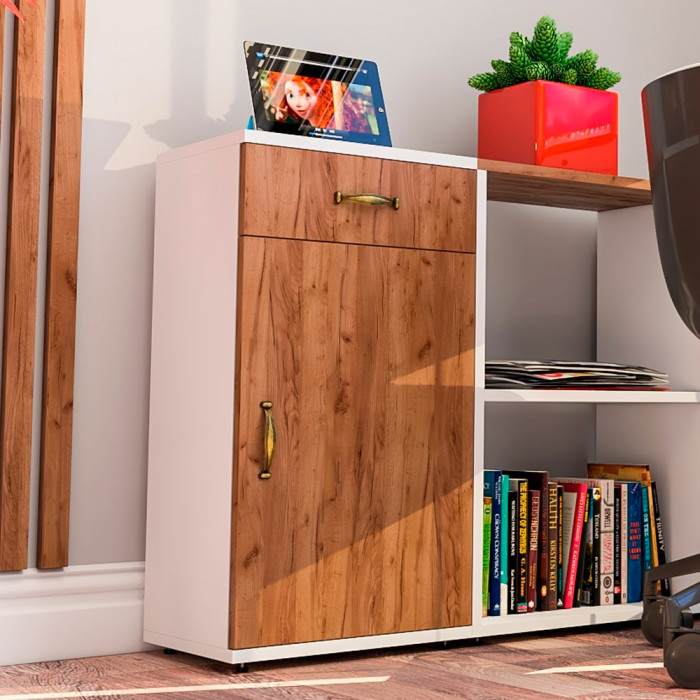 Лидер-8 Модуль Тумба МД 3.15, цвет белый шагрень/крафт золото, ШхГхВ 40х30х75 см., универсальная сборка (выдвижной ящик и дверка)