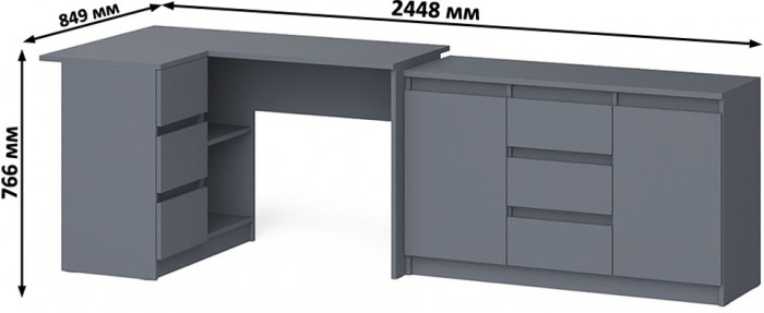 Мори Стол компьютерный МС-16 левый + Комод МК1200.3, цвет графит, ШхГхВ 244,8х84,9х76,6 см., выдвижные ящики слева, НЕ универсальная сборка