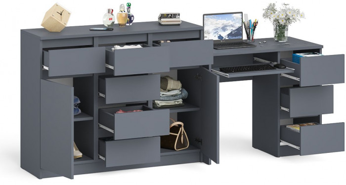 Мори Стол компьютерный МС-6 правый + Комод МК1200.4, цвет графит, ШхГхВ 210,4х50х94 см., выдвижные ящики справа, НЕ универсальная сборка