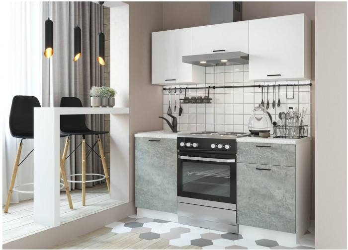 Кухонный гарнитур ЛДСП Дуся 1600, Белый бриллиант / Цемент/Белый