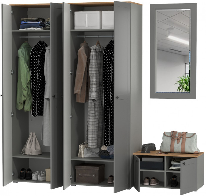 Остин Прихожая 30, цвет серый графит/дуб крафт золотой, ШхГхВ 240х54,3х229,6 см., универсальная сборка