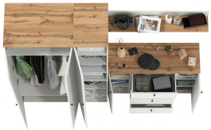 Остин Прихожая 75, цвет белый шагрень/дуб крафт золотой, ШхГхВ 240х54,3х229,6 см., универсальная сборка