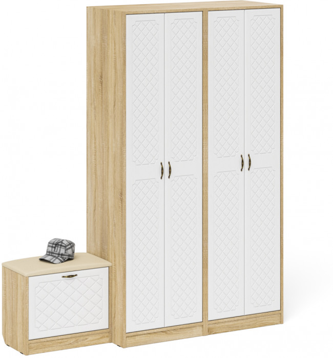 Прихожая П-6 Компоновка № 07, цвет дуб сонома/фасады МДФ белое дерево фрезеровка ромб, ШхГхВ 180х50х210 см., универсальная сборка