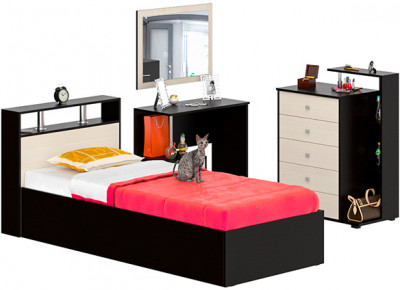 Камелия спальня № 7 Кровать 900 + Стол косметический + Зеркало + Комод, цвет венге/дуб лоредо, сп.м. 900х2000 мм., б/м, основание есть