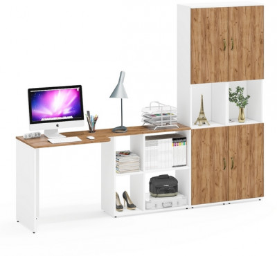 Лидер-8 Стол + Пенал + Пенал, цвет белый шагрень/крафт золото, ШхГхВ 245х50/30х75/190 см. или 115х50/160х75/190 см., НЕ универсальная сборка