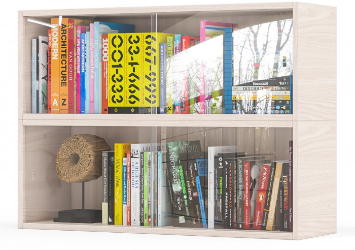 Две полки книжных С-МД-КН01, цвет ясень шимо светлый, размер каждой полки в отдельности: ШхГхВ 83х25х30 см., стеклянные дверцы