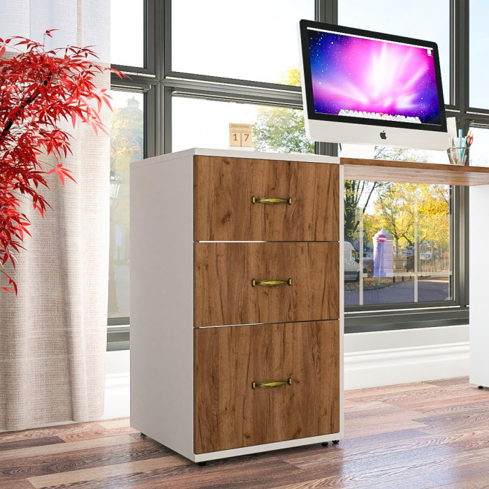 Лидер-8 Модуль Тумба МД 3.16, цвет белый шагрень/крафт золото, ШхГхВ 40х50х75 см., универсальная сборка (три выдвижных ящика)