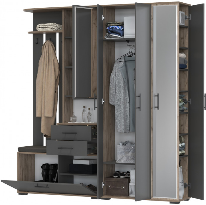 Прихожая Домино 5, цвет дуб крафт табачный/графит, ШхГхВ 188х36х202 см., универсальная сборка