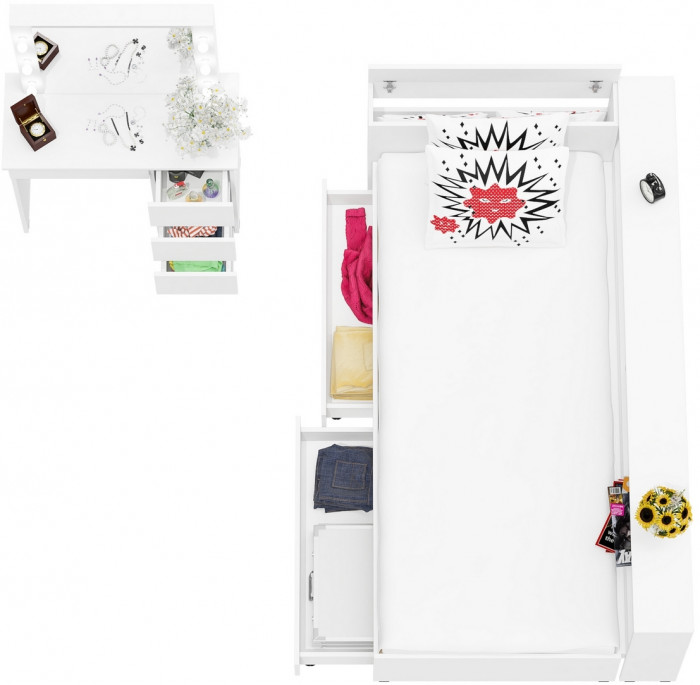 Ксения Кровать с ящиками 0900 + прикроватный блок + Столик с подсветкой Сура, белый