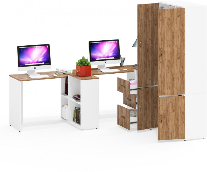 Лидер-8 Стол + Стол + Шкаф МД 20Б + Тумба МД 3.16, цвет белый шагрень/крафт золото, ШхГхВ 450х50/37,5х75/190 или 230х200/50х75/190 см., НЕ ун. сб.