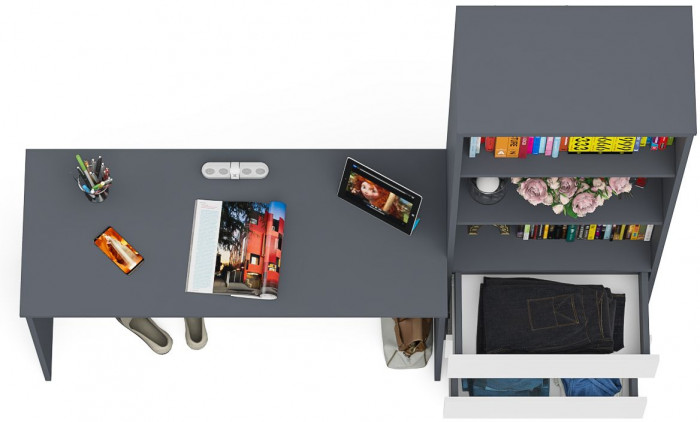 Мори Стол письменный МСП1200.1 + Стеллаж МСТ600.3, цвет графит/белый, ШхГхВ 180,8х50х179,6 см., универсальная сборка