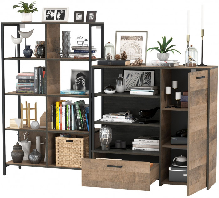 Трувор 13.151.02 Стеллаж + 13.307.01 Комод, цвет дуб гранж песочный/интра, ШхГхВ 199х37х146 см., универсальная сборка