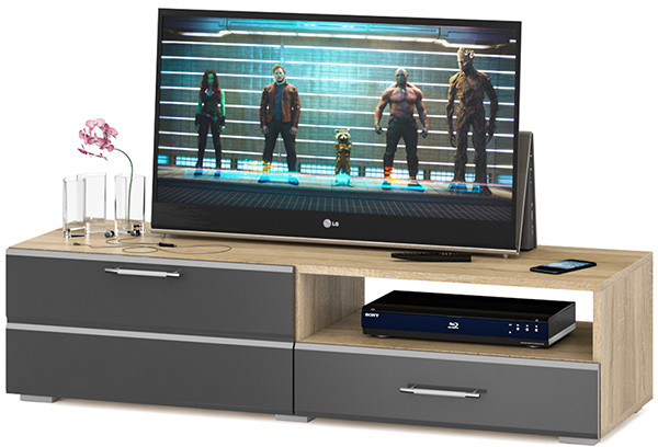 Тумба под ТВ Ларго 1,4, цвет корпус дуб сонома/фасады МДФ графитово-серый глянец, ШхГхВ 140х46х35 см., НЕ универсальная сборка