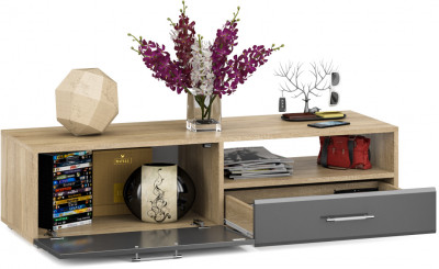 Тумба под ТВ Ларго 1,4, цвет корпус дуб сонома/фасады МДФ графитово-серый глянец, ШхГхВ 140х46х35 см., НЕ универсальная сборка