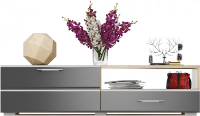 Тумба под ТВ Ларго 1,4, цвет корпус дуб сонома/фасады МДФ графитово-серый глянец, ШхГхВ 140х46х35 см., НЕ универсальная сборка