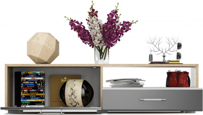 Тумба под ТВ Ларго 1,4, цвет корпус дуб сонома/фасады МДФ графитово-серый глянец, ШхГхВ 140х46х35 см., НЕ универсальная сборка