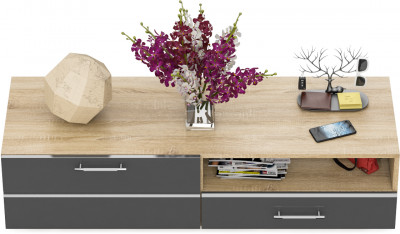 Тумба под ТВ Ларго 1,4, цвет корпус дуб сонома/фасады МДФ графитово-серый глянец, ШхГхВ 140х46х35 см., НЕ универсальная сборка