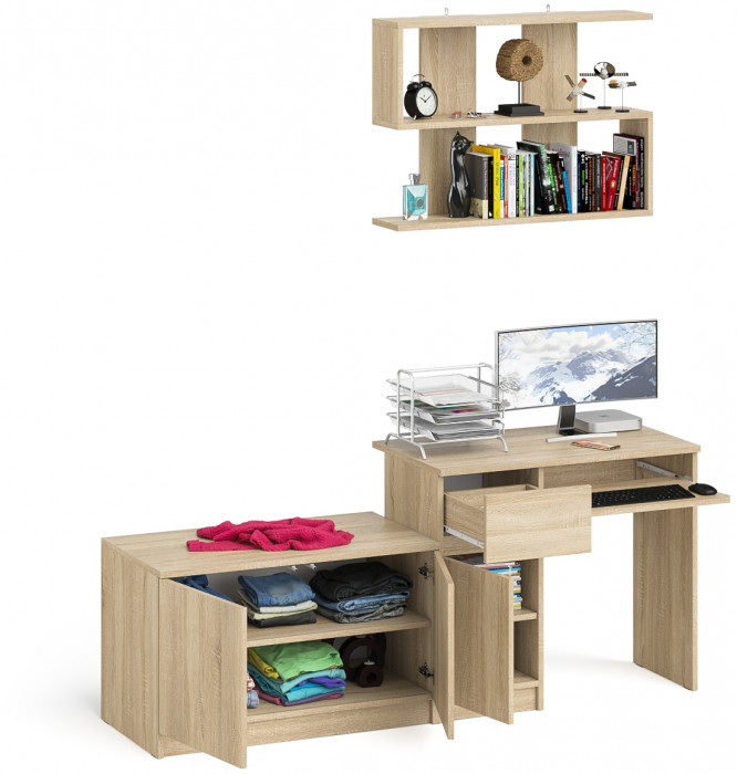 Мори Стол компьютерный МС-1 левый + Тумба МА900.1 + Полка 900, цвет дуб сонома, ШхГхВ 180,4х50,4х209,6 см., НЕ универсальная сборка