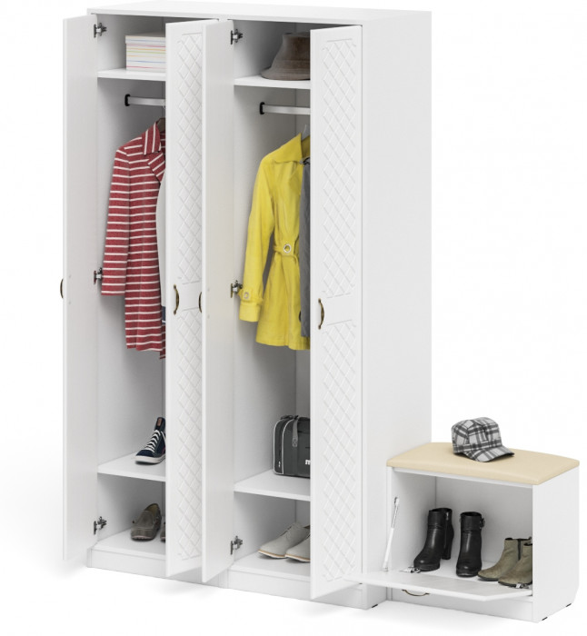 Прихожая П-6 Компоновка № 07, цвет белая шагрень/фасады МДФ белое дерево фрезеровка ромб, ШхГхВ 180х50х210 см., универсальная сборка