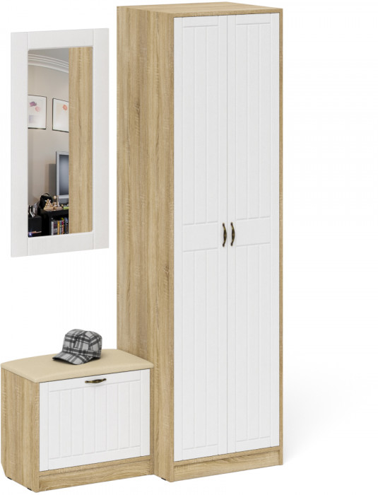 Прихожая П-6 Компоновка № 11, дуб сонома/фасады МДФ белое дерево фрезеровка прованс